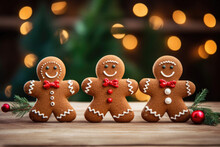 Three Gingerbread Men On A Wooden Table With A Christmas Tree In The Background. The Gingerbread Men Are Decorated With White Icing And Red Ribbons, Christmas, Xmas, Bokeh