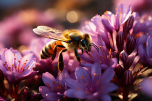 Macro Photo Bee Collects Nectar From A Purple Flower