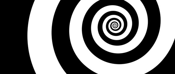 Poster - Hypnotic spirals background. Radial optical illusion. Black and white swirl tunnel wallpaper. Horizontal spinning concentric curves. Vortex or whirlpool design for poster, banner, flyer. Vector