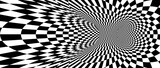 Fototapeta Do przedpokoju - Abstract hypnotic spinning checkered background. Black and white check tunnel wallpaper. Psychedelic twisted square pattern. Rotating template for posters, banners, cover. Vector optical illusion