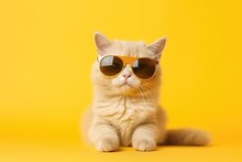 Close Portrait Of British Furry Cat In Fashion Sunglasses. Funny Pet On Bright Yellow Background. Kitten In Eyeglass. Fashion Style, Cool Animal Concept With Copy Space	