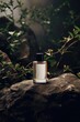 Transparent bottle of essence perfume standing on a rock in the forest. Trending concept of women's and men's essence for branding mockup. Minimal style perfumery template. Natural organic cosmetic