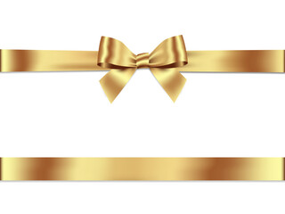 Gold Bow and Ribbon Horizontal Realistic shiny satin with shadow horizontal ribbon for decorate your wedding invitation card ,greeting card or gift boxes vector EPS10 isolated on white background.