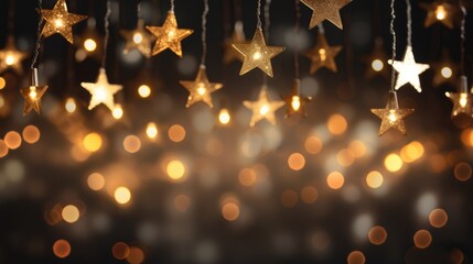 Christmas shining star hang on a garland. Background bright blurred lights bokeh light. Merry Christmas and Happy New Year. Festive bright beautiful background.