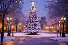 Beautiful Christmas Tree In A Town Square At Night..