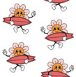 © Sweta - Vector seamless pattern of retro groovy cartoon flower with surf board isolated on white background