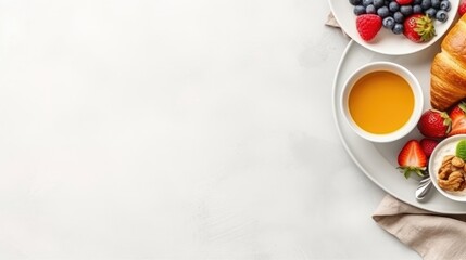 Wall Mural - Top view of tasty english breakfast on the table with copy space. Generative AI