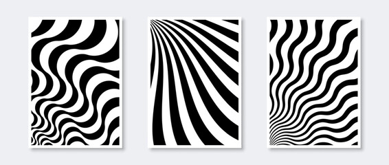 Sticker - Abstract sunburst posters collection. Wavy sun beams elements set. Black and white monochrome wave templates for cover, banner, invitation, flyer. Optical art wallpaper pack. Vector