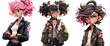 3d cartoon trendy punk young woman with messy pink bob hair style, and casual wear. Collection.