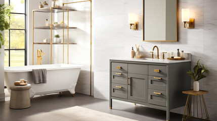 Wall Mural - Interior design concept of a bathroom with white tiles, gray vanity, and chrome fixtures.