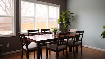 Sticker - A dining room with a dark wood table, white chairs, and light gray walls. Interior design concept.