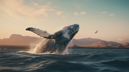 Wall Mural - Portrait big whale jumping over the sea AI Generative