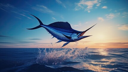 Wall Mural - Portrait blue marlin fish jumping over the sea AI Generative