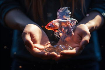 Wall Mural - clear water collected in hands with tiny betta fish swim in there, pov, hyper realistic, beautiful dreammy light.