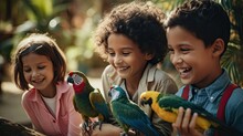 Portrait Kids With Parrot In The Zoo AI Generative