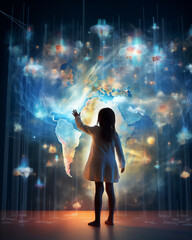 Wall Mural - a child standing in front vertical glowing world map hologram and touch it with finger, full body boy, super wide lens, futuristic light, hyper realistic, beautiful dreammy light, beautiful curve