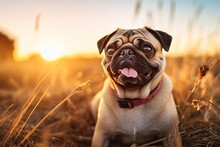 Portrait Cute Pug On The Meadow With Light Exposure AI Generative