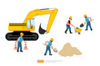 Construction site. excavator Heavy vehicle and Builder or worker set. Vector illustration in flat style.