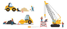 Construction Site. Bulldozer, Lifter Crane Vehicle, Road Roller. Heavy Equipment And Builder Or Worker Set. Vector Illustration In Flat Tyle.