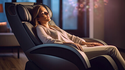 A businesswoman is relaxing on her massage chair in the living room while napping. electric massage chair. Generative Ai