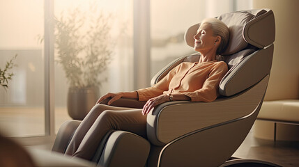 A senior woman is relaxing on her massage chair in the living room while napping. electric massage chair. Generative Ai