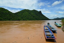 Fisherman Boat On Maekhong River Thailand Laos Border In Chiang Khan