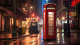 Fototapeta Londyn - A red telephone booth stands on a city street