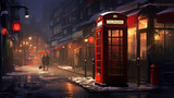 Fototapeta Londyn - A red telephone booth stands on a city street