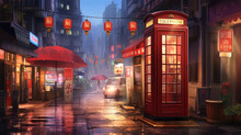 A Red Telephone Booth Stands On A City Street