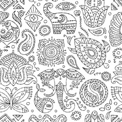 Sticker - Indian vintage ornament for your design. Esoteric and animals, design elements, Seamless pattern background, colouring page