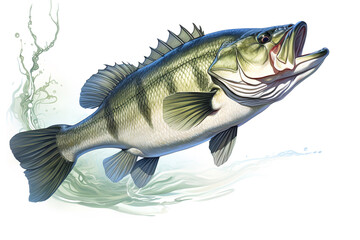 Wall Mural - Image of largemouth bass fish on a white background. Underwater animals. Illustration, Generative AI.