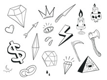 Various Tattoo Element Doodle, Diamond, Crown, Candle, Axe, Eye, Skull