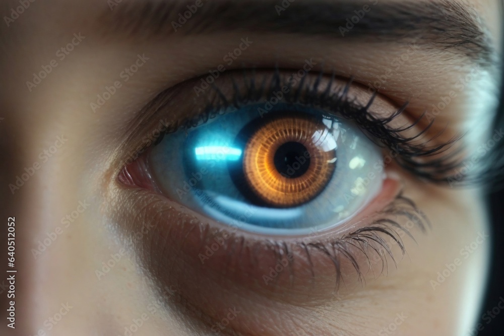 Female eye close up with smart contact lens with digital and biometric ...