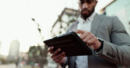 Aufkleber - Tablet, networking and closeup of businessman in the city scroll on social media, mobile app or the internet. Digital technology, professional and male lawyer browsing on website in urban town road.