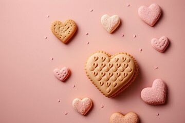 round cookies in the center surrounded by small heart-shaped sugar cookies,