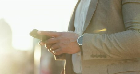 Aufkleber - Businessman, phone and hands typing in city for communication, social media or outdoor networking. Closeup of man or employee in online chatting or texting on mobile smartphone app in an urban town