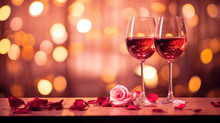 Romantic Concept. Two Glasses Of Vine With Pink Rose Petals With Golden Bokeh Background. Valentine's Day Banner. Celebration With Wine And Red Rose.