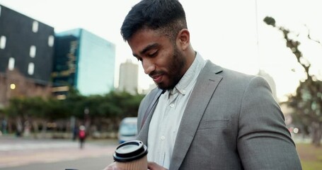 Wall Mural - Business man, coffee cup and smartphone in city for typing on social network, notification and digital contact. Indian worker, drink and reading news app, mobile communication and cellphone in street