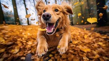 Happy Golden Retriever Dog Running In The Park, Joyful Spirit In The Autumn, Fallen Leaves, Generative Ai