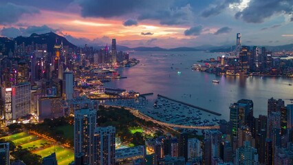 Wall Mural - Aerial hyperlapse, dronelapse video of Hong Kong city at night