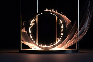 Wall Mural - beautiful podium flying empty mockup luxury light frame splay presentation stand render circle background studio black minimal motion cosmetic cloth transparent neon beauty product