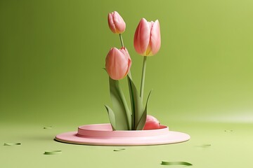 Wall Mural - beautiful podium spring render tulip beauty pink blossom splay mockup presentation template flower background green summer nature cosmetic petal minimal product