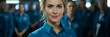 Blonde hübsche Flugbegleiterin in blauer Uniform im Flugzeug blickt freundlich im Querformat für Banner, ai generativ