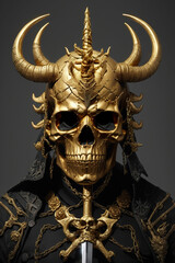 a golden skull with horn and a sword