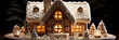 Wunderschönes Lebkuchenhaus zur Weihnachtszeit mit Zuckerguss dekoriert im Querformat als Banner, ai generativ