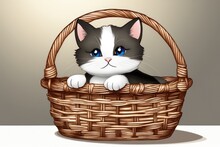Kitten In A Basket On A Yellow Background
