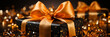 canvas print picture - Weihnachtsgeschenke Box schwarz mit Schleife in orange mit schöner glitzer Deko auf dunklen Hintergrund Nahaufnahme in Querformat für Banner, ai generativ
