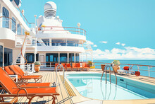 View On Top Deck With Swimming Pool On A Cruise Ship. Vacation On A Cruise Ship. Cruise. Descent On The Ship.