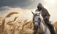 Photo Of A Man Riding A White Horse Through A Beautiful Wheat Field