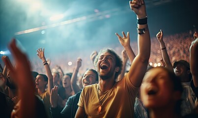 Photo of a lively crowd at a concert, hands raised in excitement